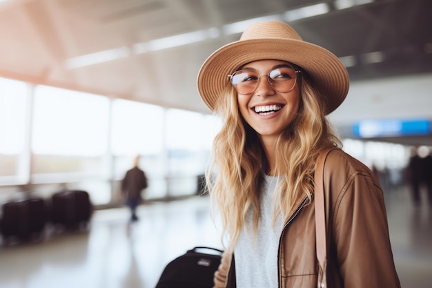 Foto una mujer feliz en el aeropuerto porque va a viajar