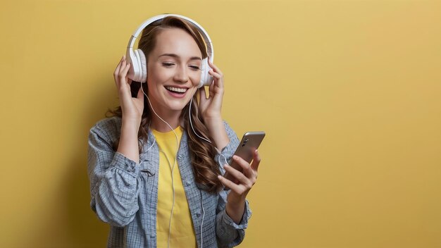 Mujer feliz y alegre con auriculares escuchando música desde un estudio de teléfonos inteligentes filmada aislada en