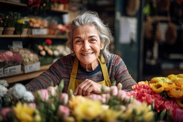 Mujer feliz de atender su puesto de venta de flores en un mercado ya en edad de jubilación Ai generó