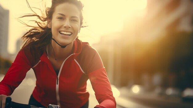 Foto una mujer feliz, atleta de ciclismo, se prepara para el paseo.