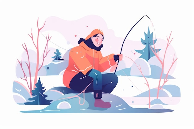 Una mujer feliz atrapando peces mientras está sentada en un lago congelado durante el invierno La ilustración muestra la actividad de ocio de la pesca como pasatiempo durante los fines de semana