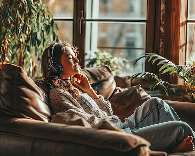 Mujer feliz con auriculares y escuchando música podcast audiolibro