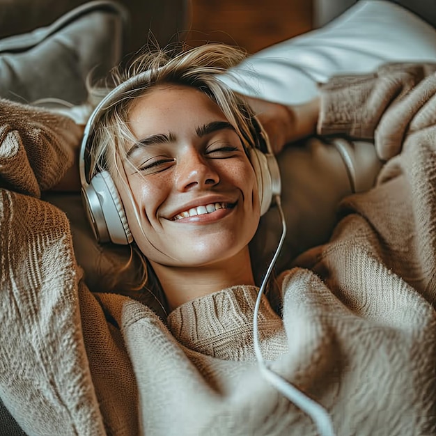 Foto mujer feliz con auriculares y escuchando música podcast audiolibro