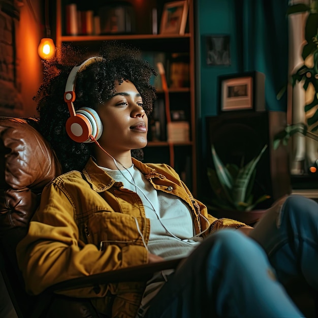 Foto mujer feliz con auriculares y escuchando música podcast audiolibro