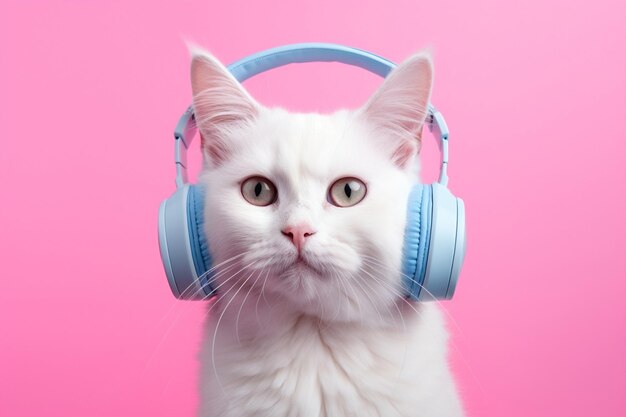 Mujer feliz auriculares ocio escuchar audio hermosa melodía canción joven auriculares diversión tecnología gato sonido lindo animal música