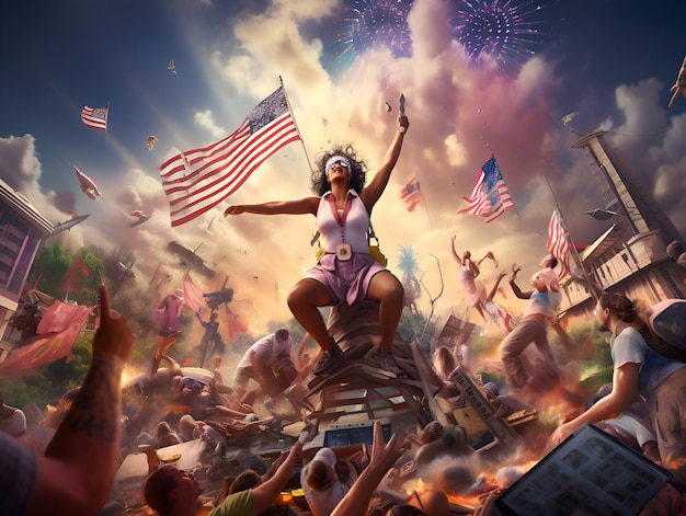 Mujer feliz bailando con la bandera estadounidense y fuegos artificiales en el fondo