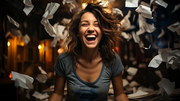 Foto mujer feliz en la biblioteca cayendo hojas de papel