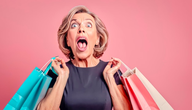 Mujer feliz con bolsas de compras después de comprar Mujer con compras en rosa