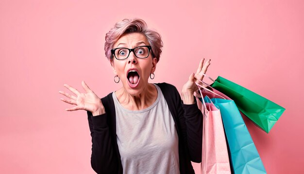 Mujer feliz con bolsas de compras después de comprar Mujer con compras en rosa