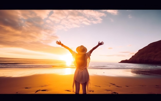 Mujer feliz con los brazos en alto disfrutando de la libertad en la playa al atardecer