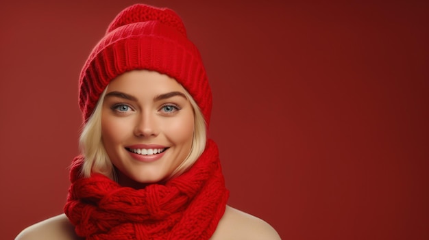 Mujer feliz con bufanda y sombrero con espacio para copiar en un fondo de color