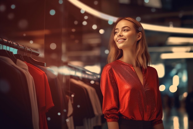 Una mujer feliz buscando moda y eligiéndolas en una tienda de compras moderna con IA generativa