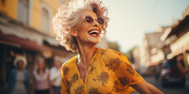 Mujer feliz de cabello gris bailando en la calle Foto de alta calidad IA generativa