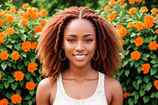 Mujer feliz con cabello hermoso en el fondo de un jardín floreciente IA generativa