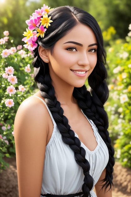 Mujer feliz con cabello hermoso en el fondo de un jardín floreciente IA generativa