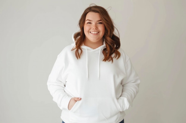 Mujer feliz con el cabello ondulado en sudadera blanca de pie con confianza