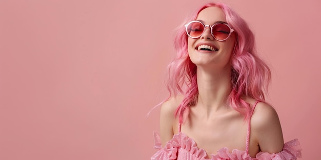 Foto mujer feliz con cabello rosado en gafas de sol rosas y vestido rosado sobre fondo rosado con espacio de copia