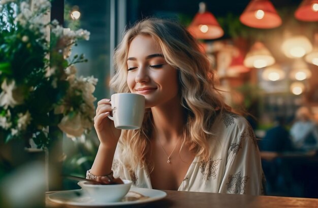 Mujer feliz en una cafetería