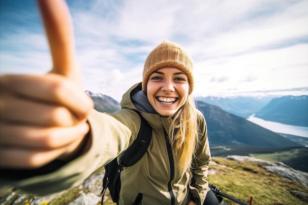 Foto mujer feliz caminando por las montañas