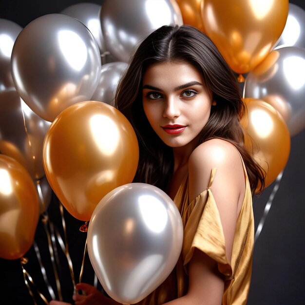 Foto mujer feliz celebrando y festejando con globos festivos de oro y plata