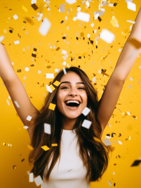 Foto mujer feliz celebrando en un fondo sólido