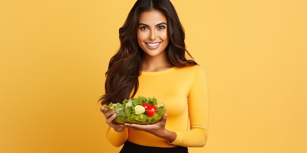 Mujer feliz comiendo deliciosa ensalada de verduras frescas sosteniendo un plato