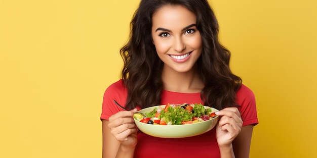 Mujer feliz comiendo deliciosa ensalada de verduras frescas sosteniendo un plato