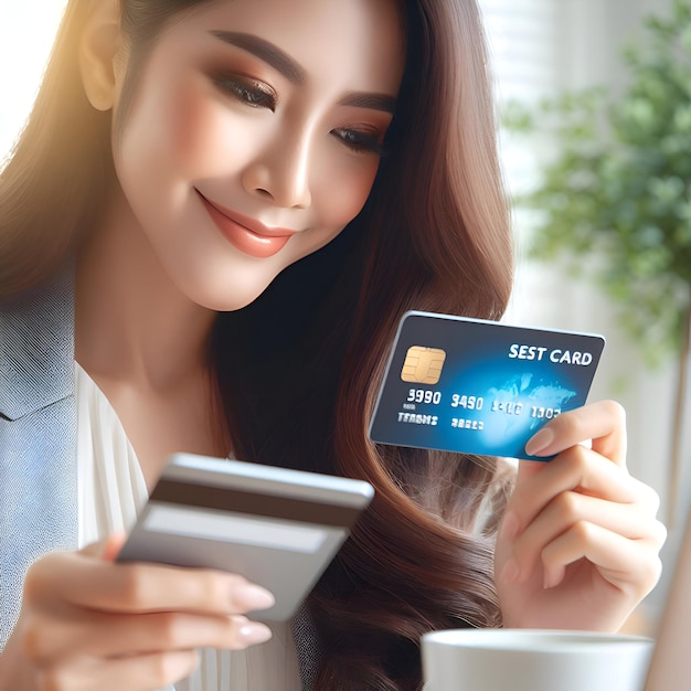 Mujer feliz comprando en línea con una tarjeta de crédito