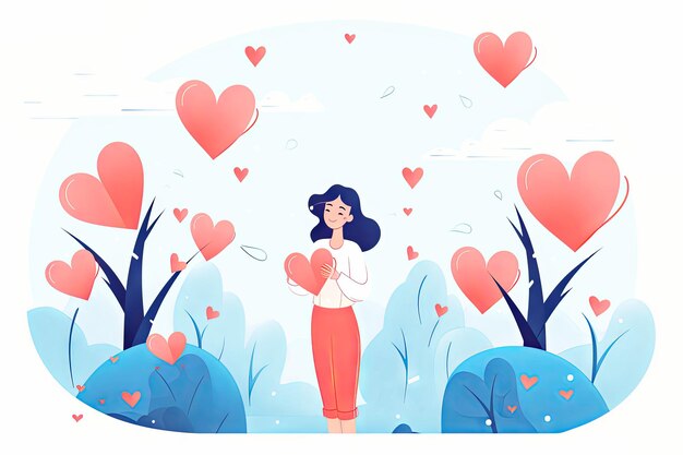 Foto mujer feliz con el corazón sintiéndose enamorada en estilo plano