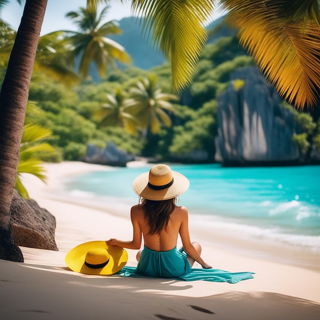 Foto una mujer feliz y despreocupada se relaja en una playa tropical