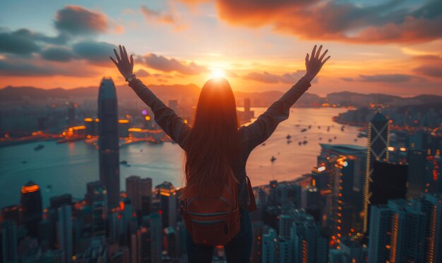 Una mujer feliz disfruta de la puesta de sol en la cima de un rascacielos en Hong Kong