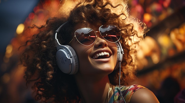 mujer feliz disfrutando de la música en los auriculares