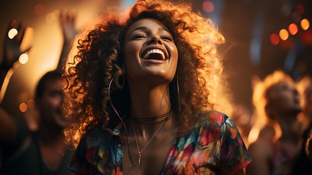 mujer feliz disfrutando de la música en los auriculares