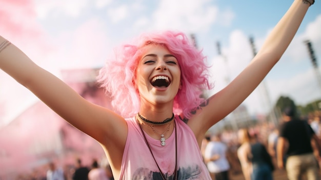 mujer feliz disfrutando de la música en el parque