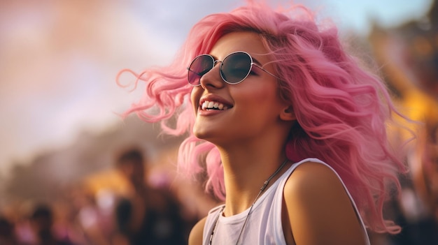 mujer feliz disfrutando de la música en el parque