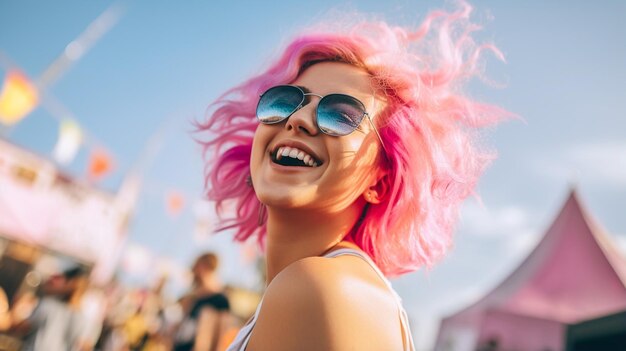 mujer feliz disfrutando de la música en el parque