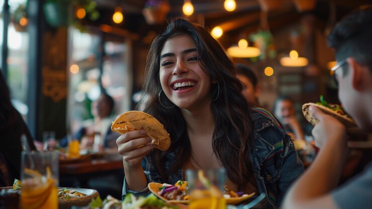 Una mujer feliz disfrutando de un sándwich en un restaurante con amigos