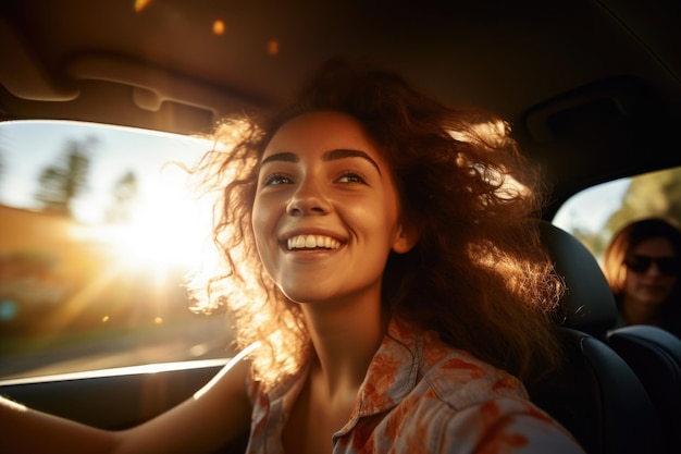 Mujer feliz disfrutando de las vacaciones de verano en un viaje por carretera AI Generative