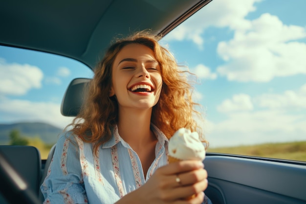 Mujer feliz disfrutando de las vacaciones de verano en un viaje por carretera AI Generativo