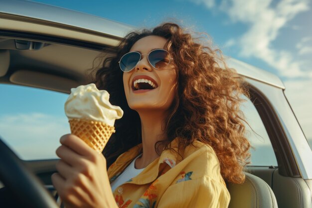 Mujer feliz disfrutando de las vacaciones de verano en un viaje por carretera AI Generativo