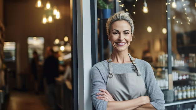 Mujer feliz dueña de una pequeña empresa en un delantal gris informal Ilustración AI GenerativexA