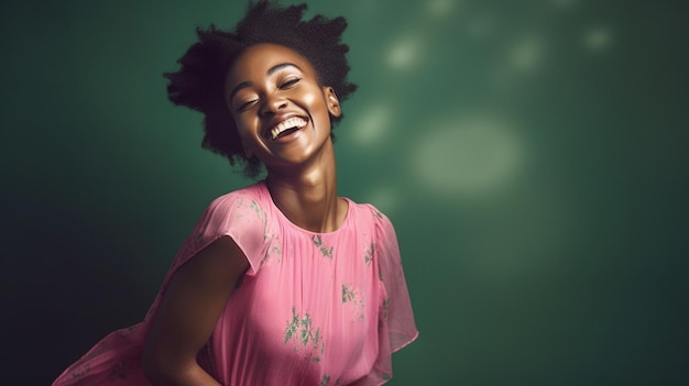 Mujer feliz con un encantador vestido de verano en el fondo del estudio IA generativa