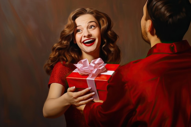 una mujer feliz entregando a alguien una caja de regalos roja en el estilo de apropiación subversiva romántica