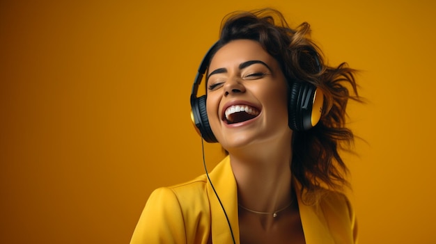 una mujer feliz escuchando música en auriculares con IA generativa de fondo naranja