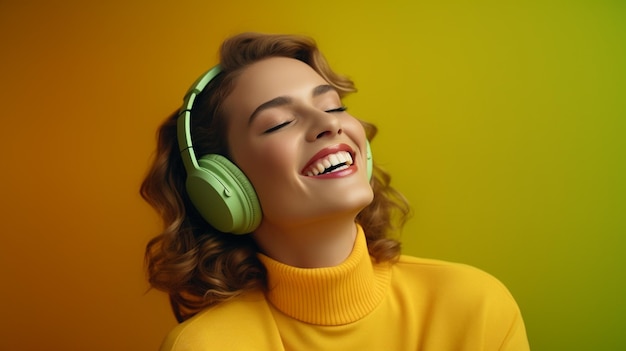 una mujer feliz escuchando música en auriculares IA generativa