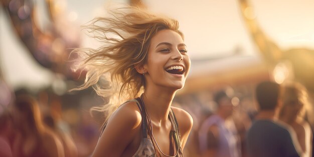Una mujer feliz de espíritu libre en una feria de entretenimiento de eventos musicales