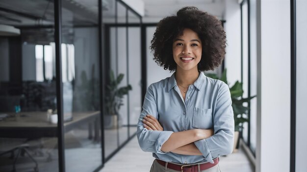 Mujer feliz y exitosa de pie con ropa casual sonriendo satisfecha y con aspecto confiado de pie o