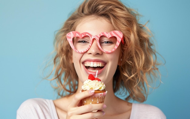 Mujer feliz con gafas de novedad con pastel de cumpleaños