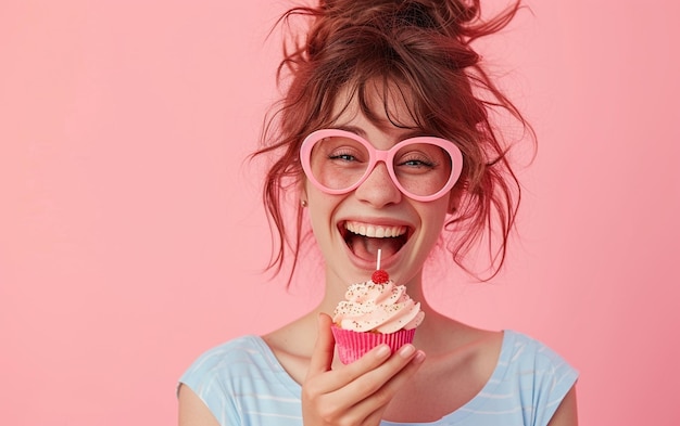 Mujer feliz con gafas de novedad con pastel de cumpleaños