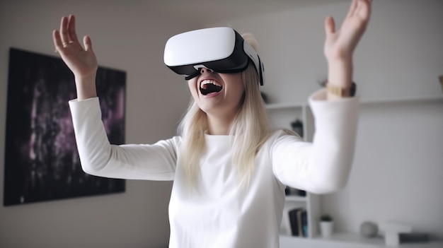 Mujer feliz con gafas de realidad virtual concepto de tecnología futura